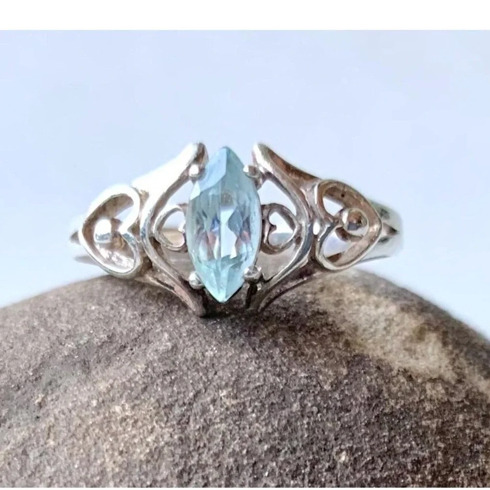 Sterling Silver 925 Blue Oval Topaz December Birthstone Ring Double Heart Size 7